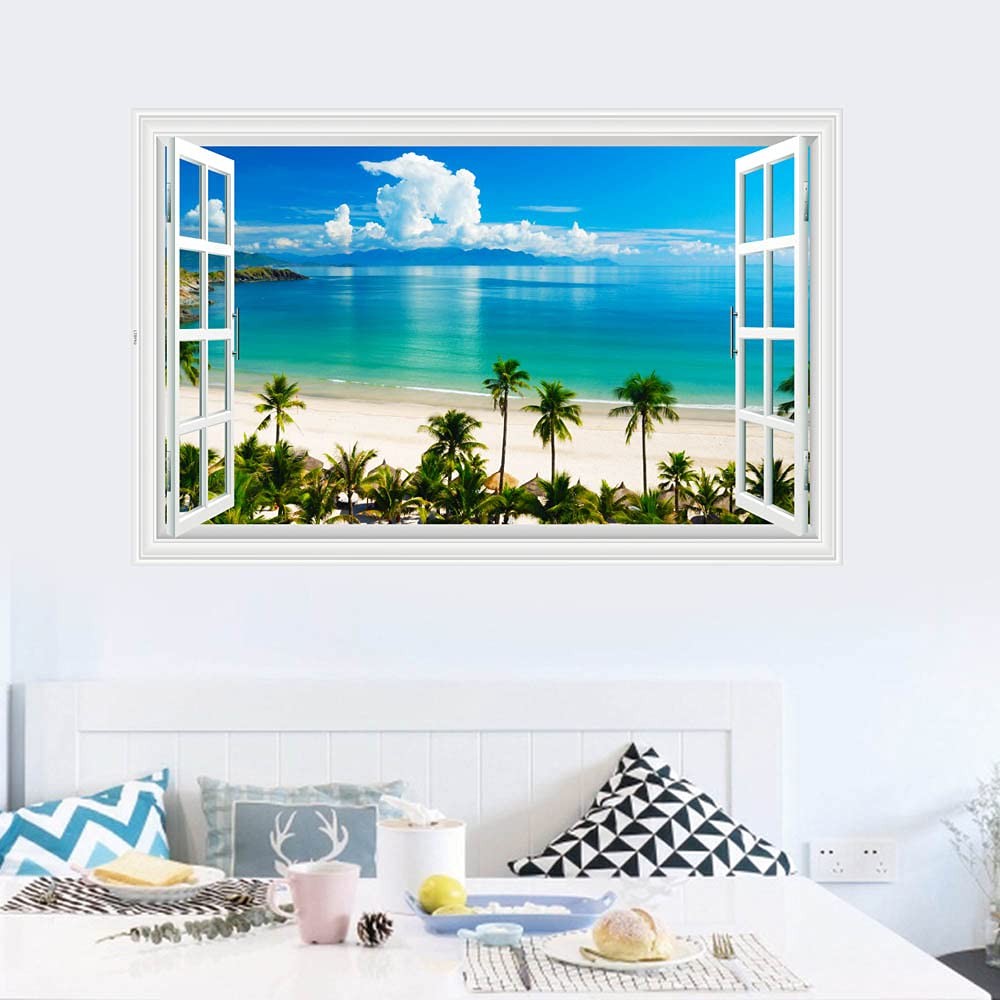 Fake Windows Wall Sticker, Removable 3D Beach Seascape Faux Windows Wall Decals