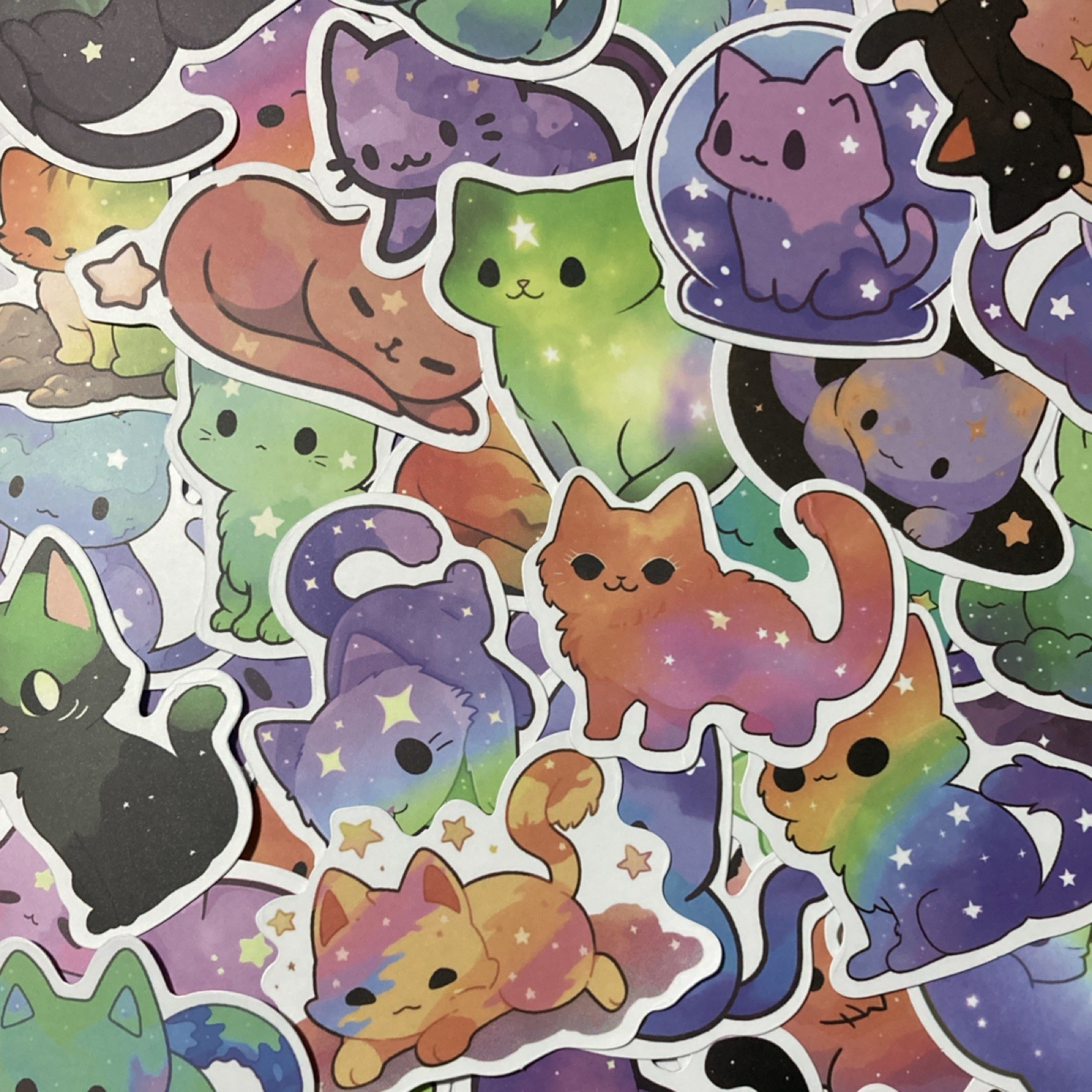 10 Multicolor Cartoon Cat Vinyl Stickers Set, Space Theme, Removable, Decorative