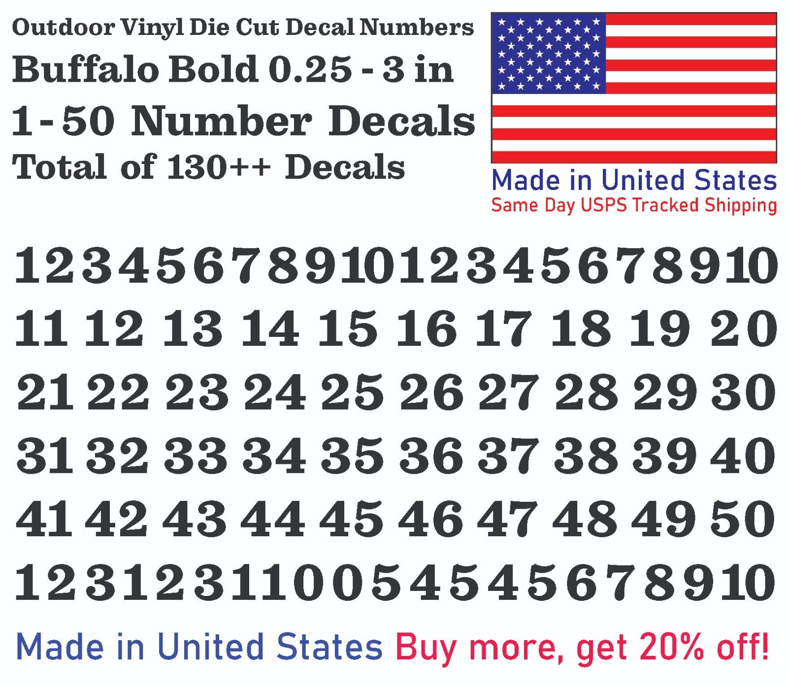 1-50 Buffalo Bold Vinyl Decal Sticker Numbers for Mailbox, Address, Locker Shop