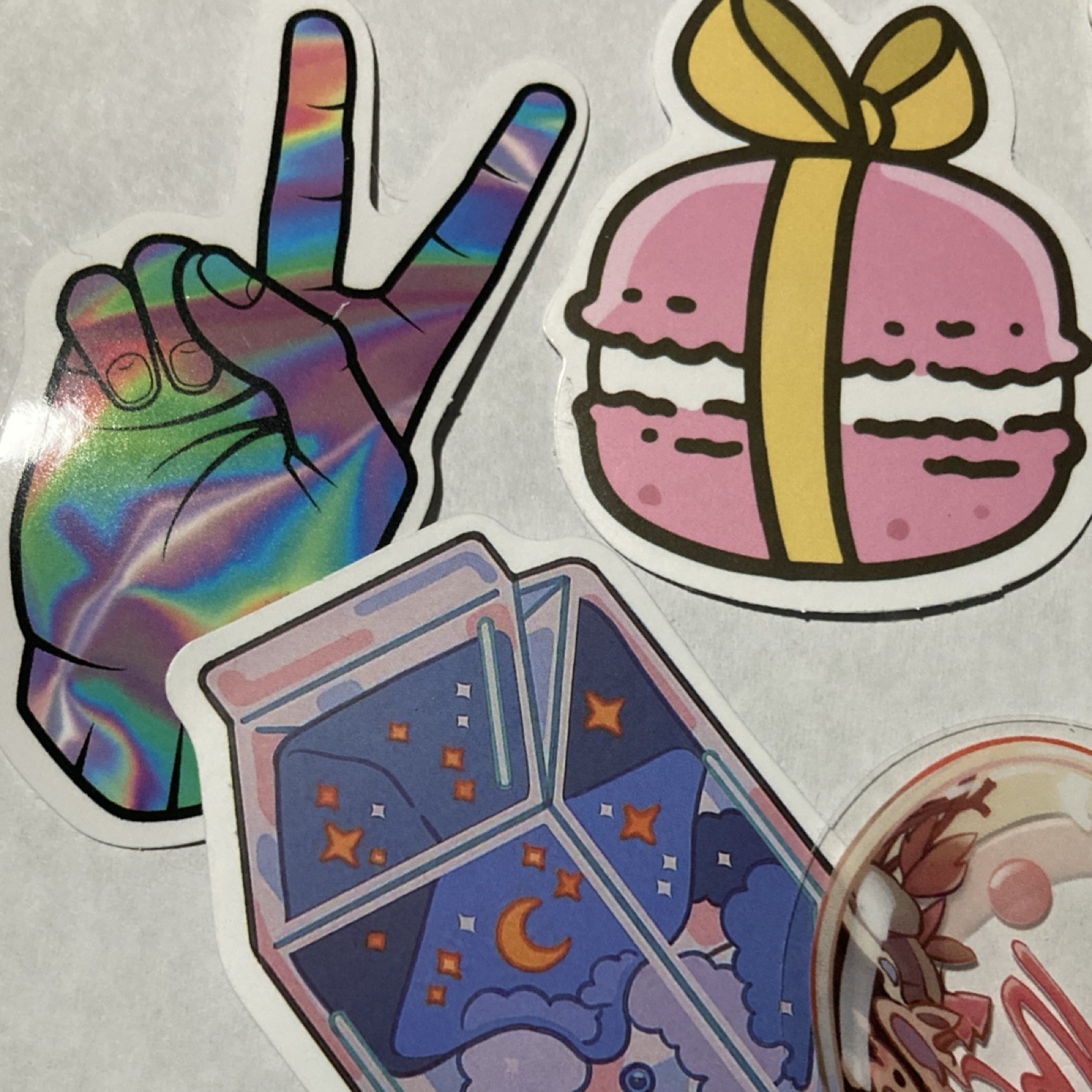 10 Whimsical Multicolor Stickers, Holographic Pastel, Food & Nature
