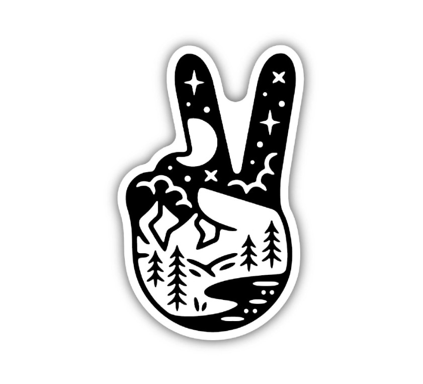 Peace Sign Vinyl Sticker Decal, 3.5", Nature/Forest Theme, 2 Finger, Hand B & W