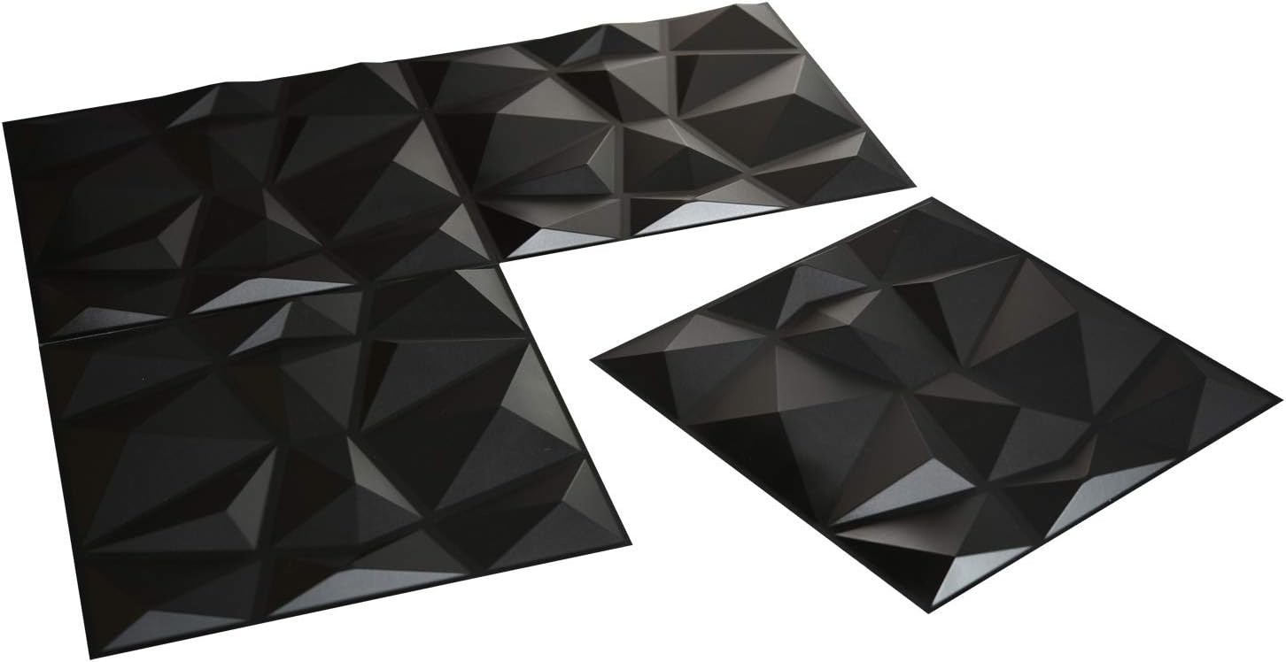 3D Wall Panels Diamond Textured PVC for Interior Decor Black 30x30cm 10 Pack