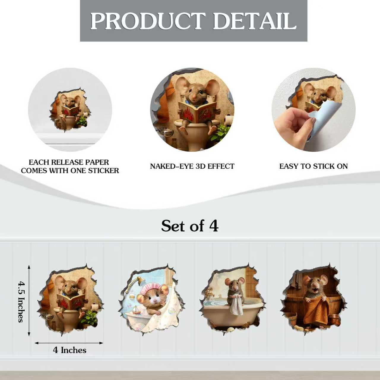 3D Fun Mouse Hole Realistic Wall Decal Peel and Stick, Sticker with 3D Effect, F