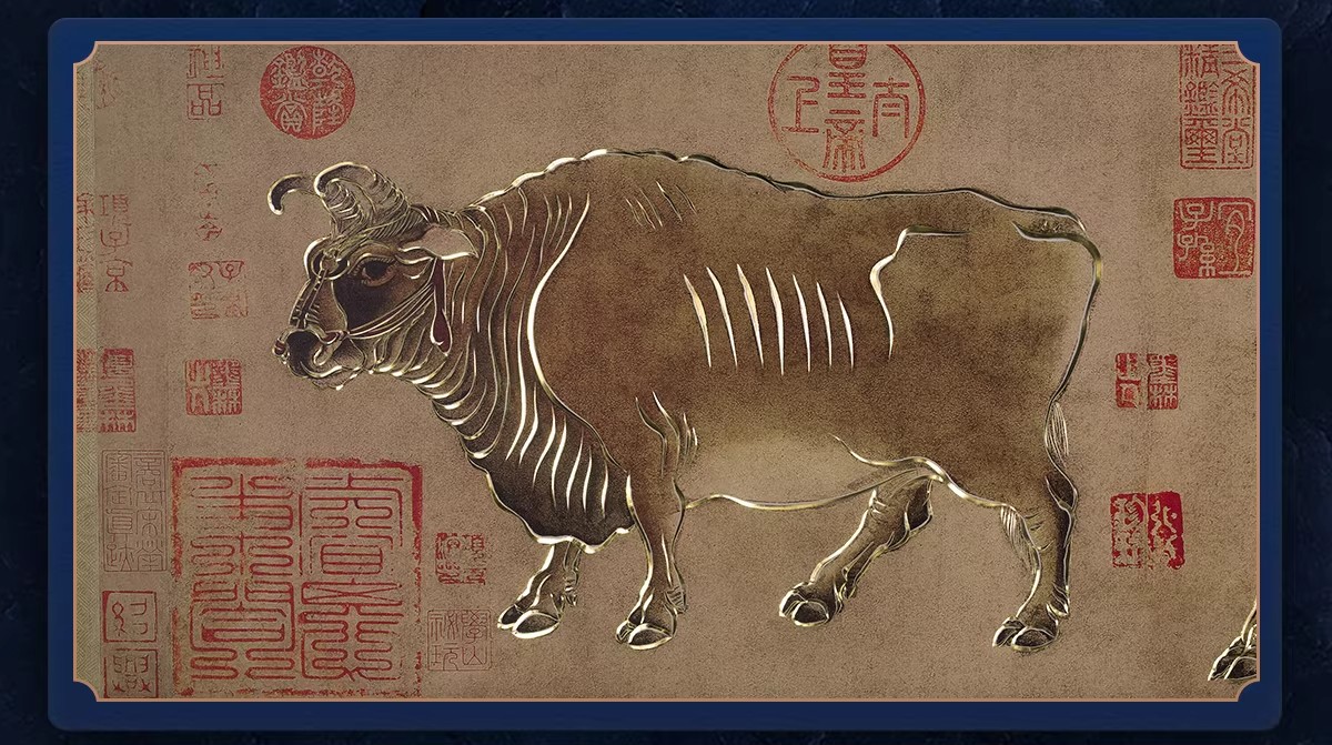 Handmade Bronze Sculpture Painting Five Oxen Chinese Style Decorative Wall Art