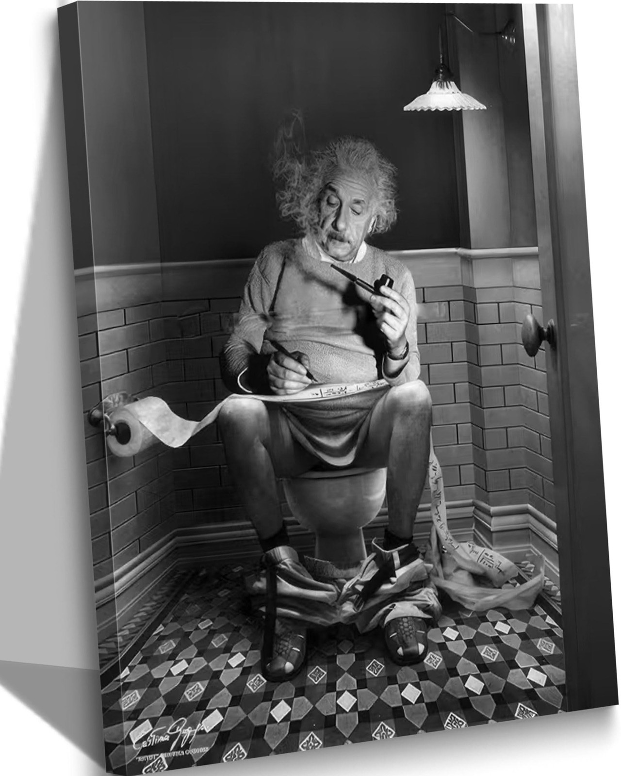 Funny Bathroom Canvas Wall Art Reading Newspaper On Toilet Picture Black and …