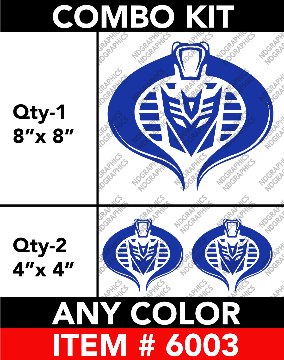 TRANSFORMERS DECEPTICON COBRA 3 COMBO KIT DECAL STICKER 8" / 4" Any 1 Color