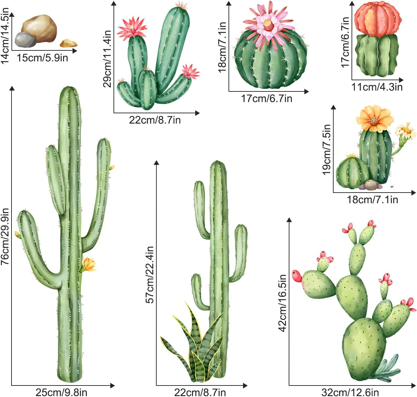 Large Cactus Wall Decals Green Plants Wall Stickers Peel and Stick Tropical Art