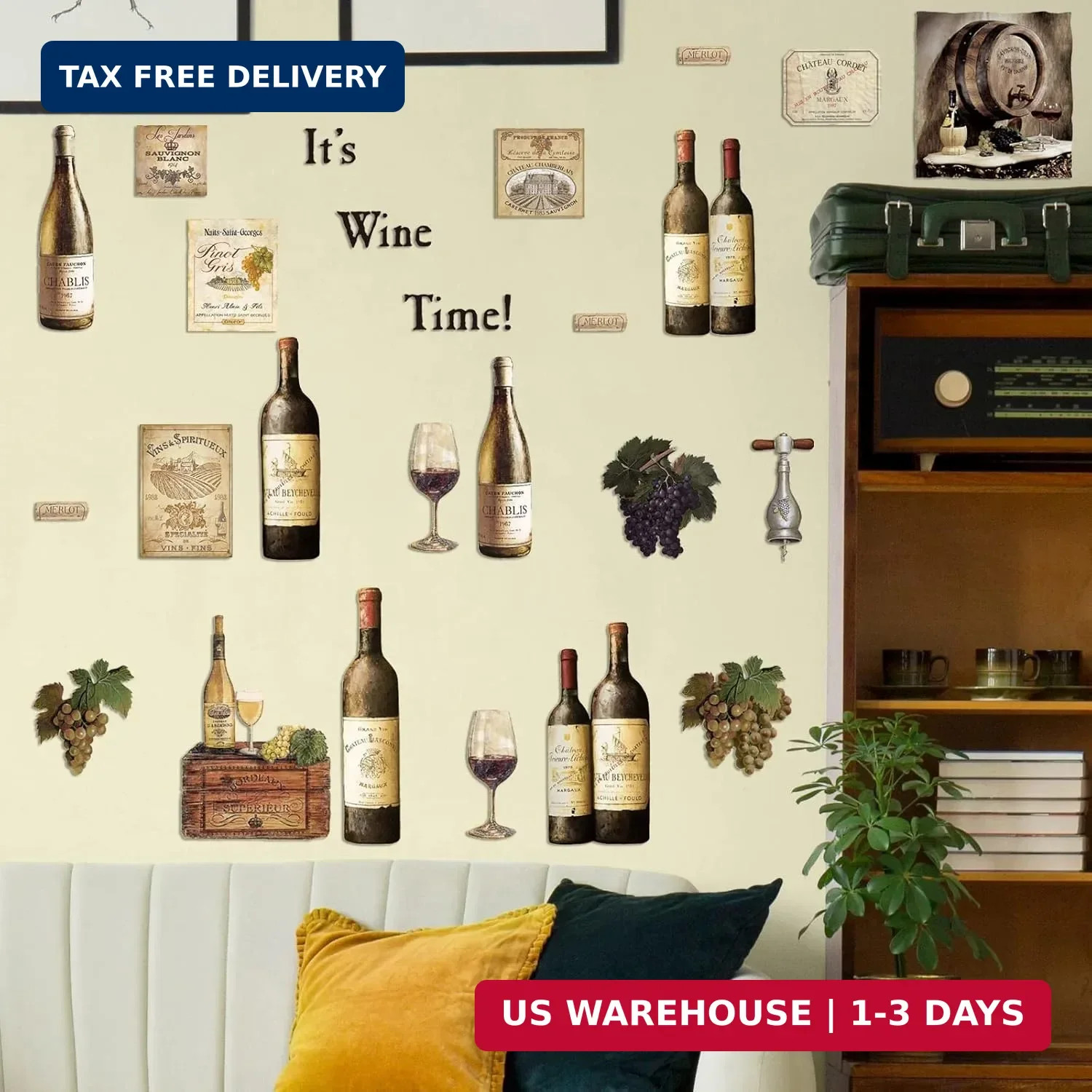 8 Sheets Wine Bottle Kitchen Wall Decals Grape Fruit Wall Stickers Kitchen Decor