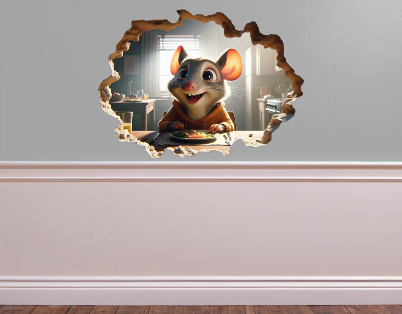 Tiny Mouse in Kitchen Wall Decal – 5" Realistic Mouse Hole Sticker