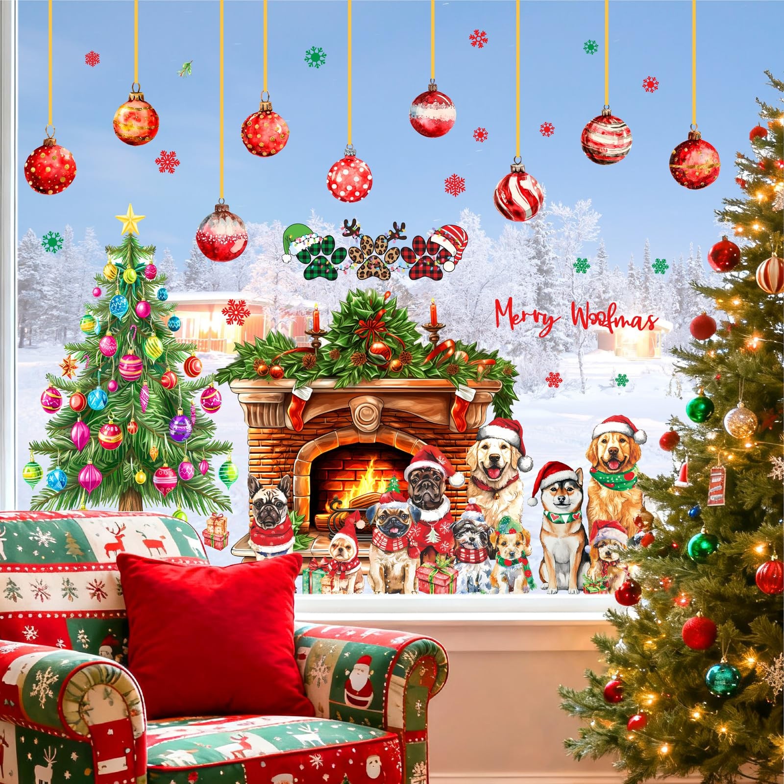 Christmas Tree Fireplace Wall Decals Large Christmas Bell Snowflake Wall Stic…