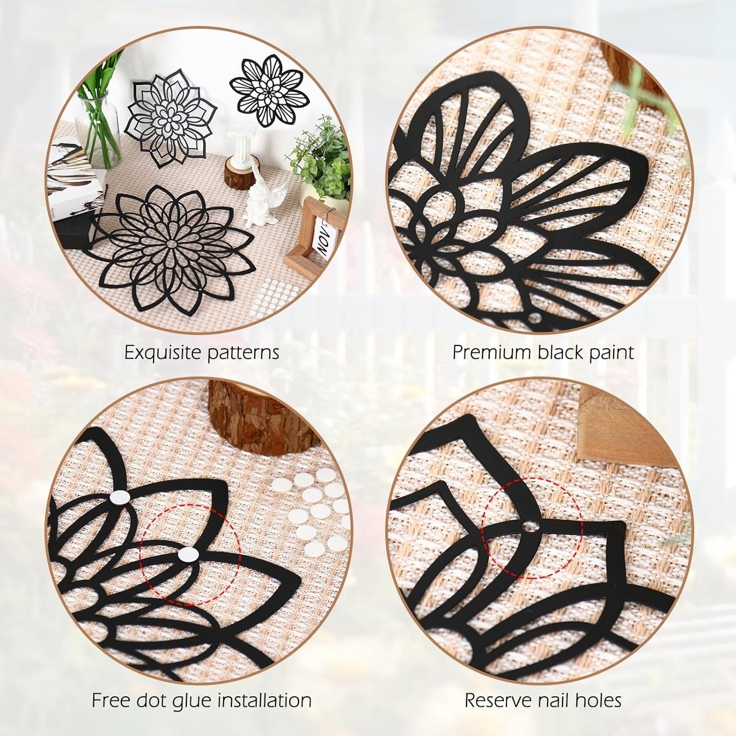 Metal Flower Wall Decor Set Farmhouse Black Flower Art Hanging Sculpture