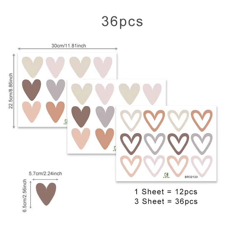 36Pcs Heart Shape Trendy Boho Style Wall Stickers Bohemian Wall Decals for Livin