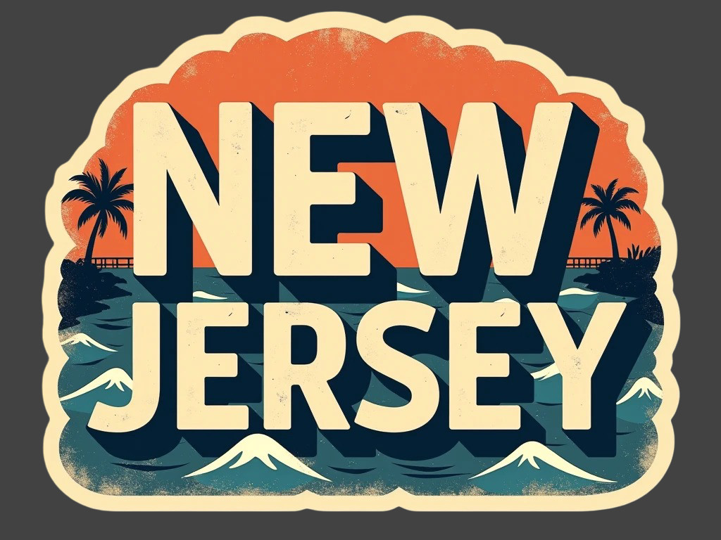 New Jersey Sticker Vinyl Decal Beach Ocean Waves Boardwalk Sunset Coastal Retro
