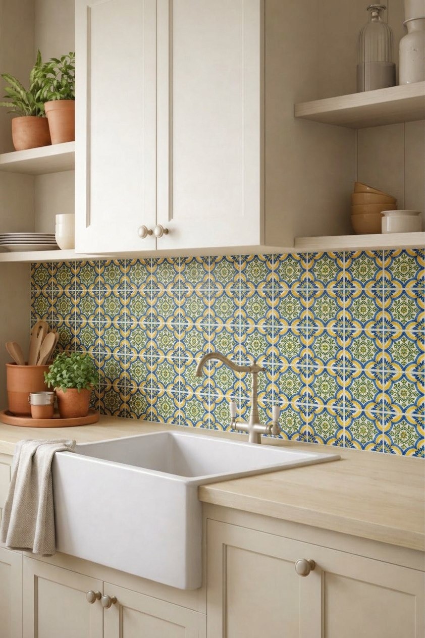 Peel and Stick Tile Stickers Blue Yellow Portuguese Kitchen Backsplash