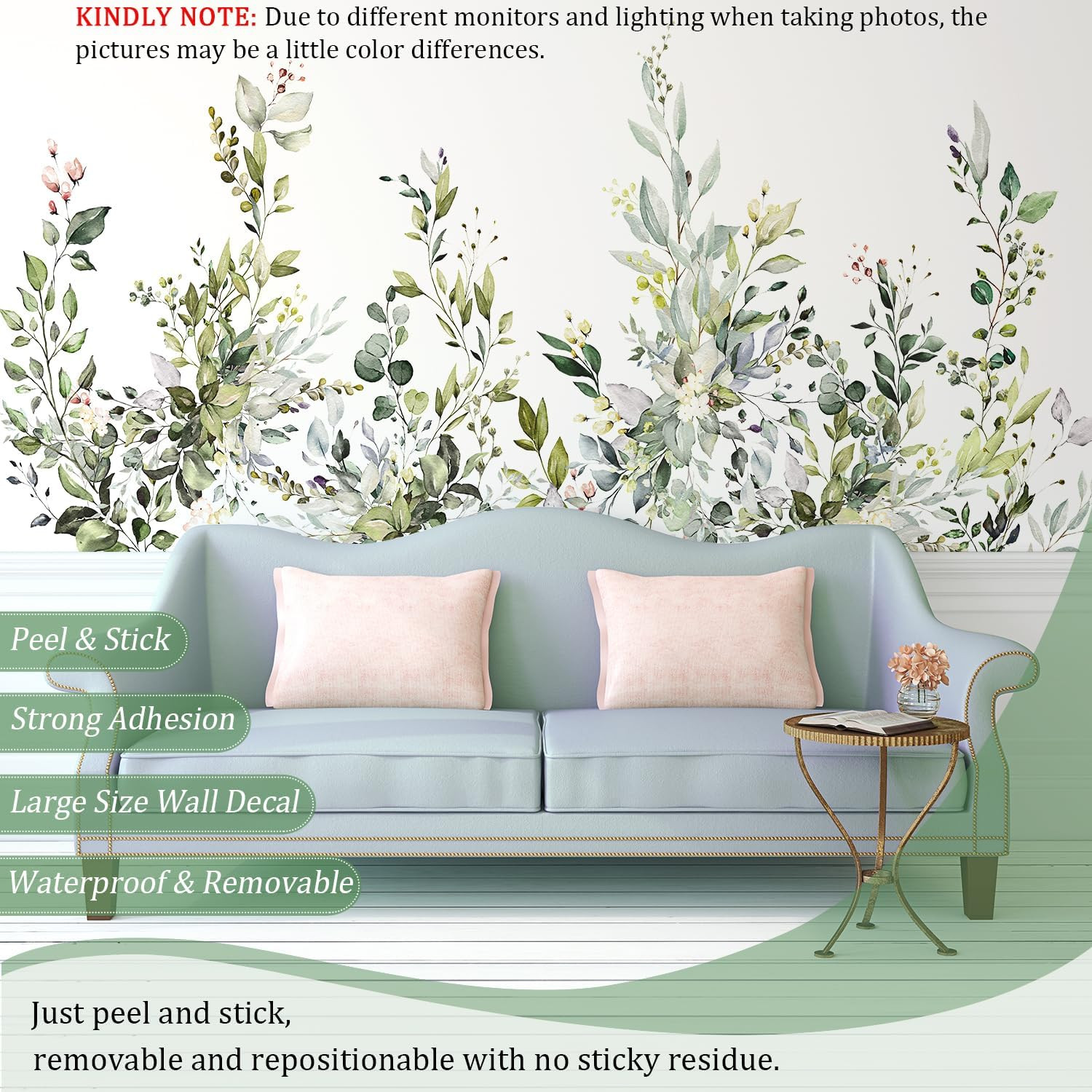 Green Plants Leaves Wall Decals Peel and Stick, Large Floral Flowers Wall Sticke