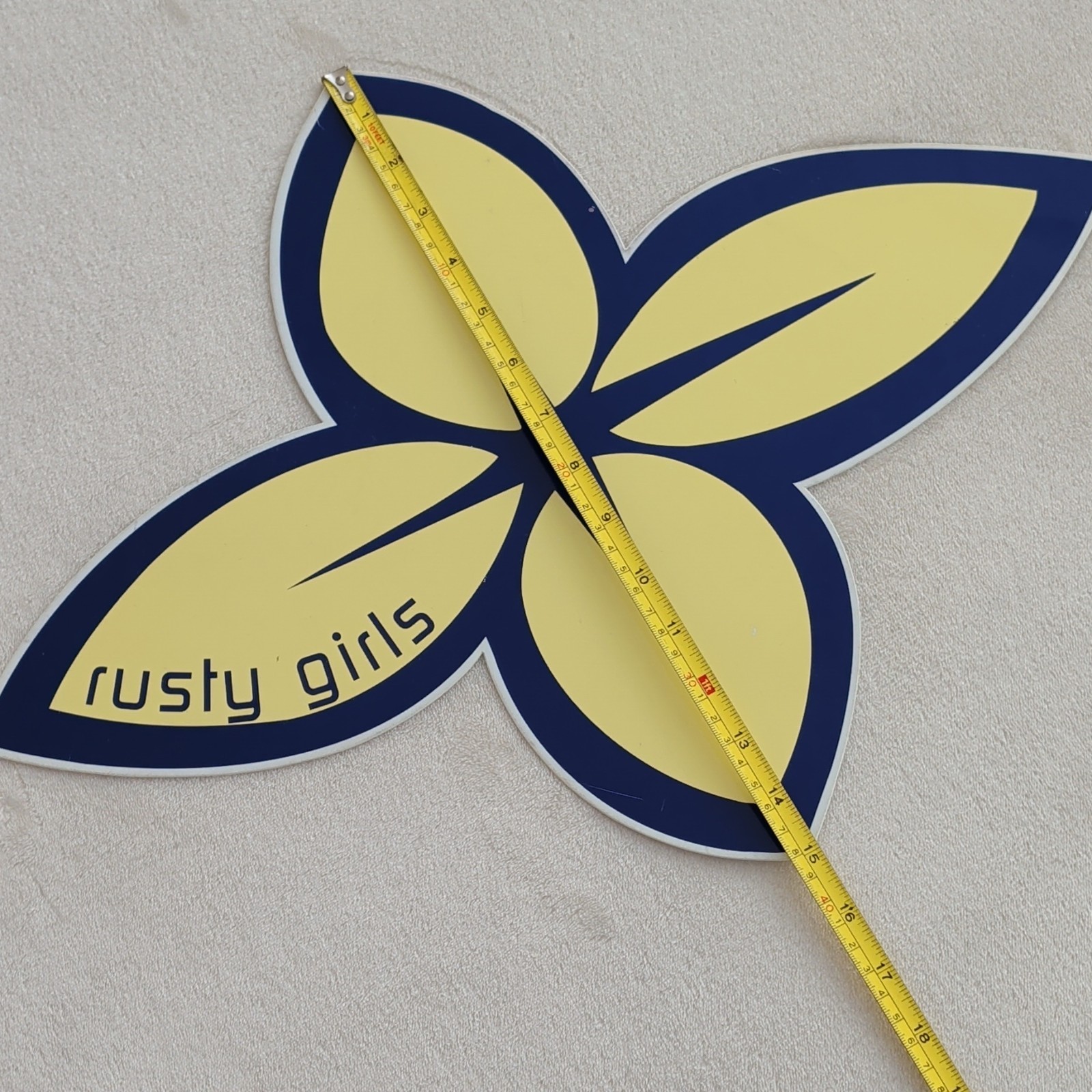 Rusty Girl Vinyl Wall Decal Flower Logo Sign Blue Yellow 21 x 15 in