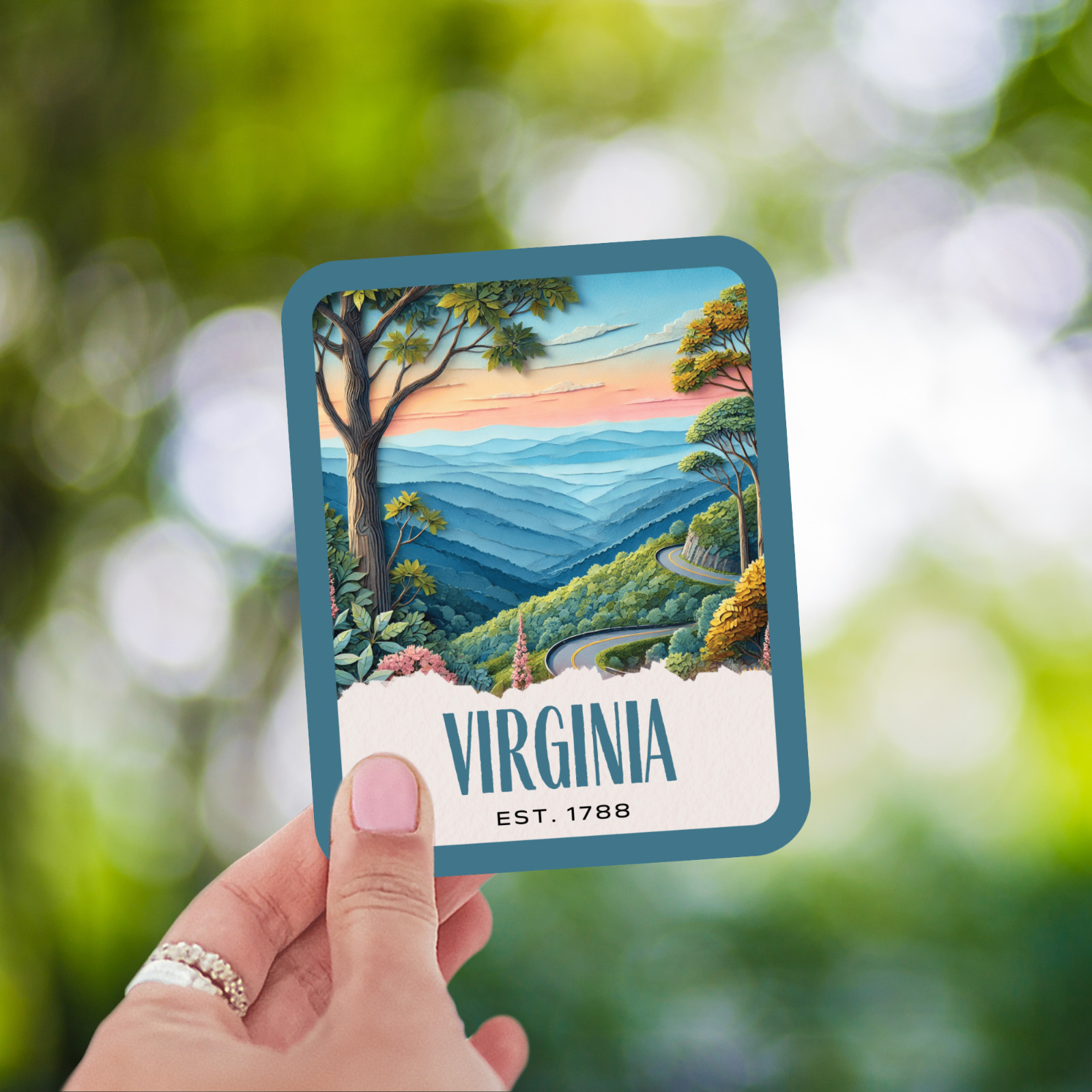 Virginia State Sticker, Paper Collage Look, Blue Ridge Parkway Vinyl Decal