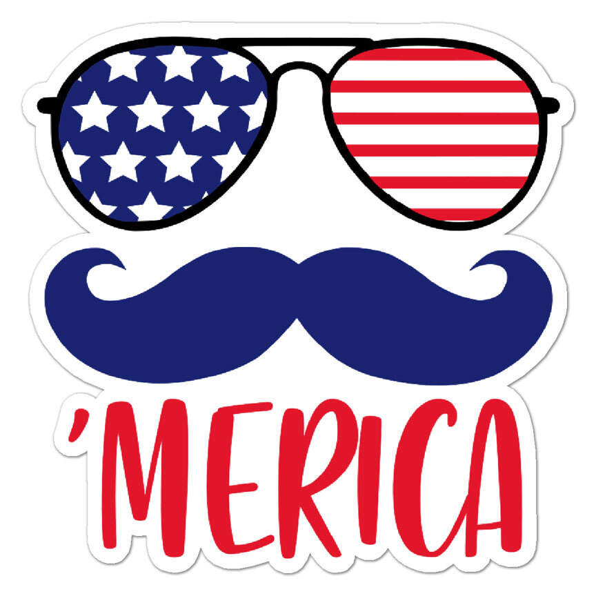 'Merica Mustache Glasses, Vinyl Decal Sticker, Indoor Outdoor, 3 Sizes, #9921