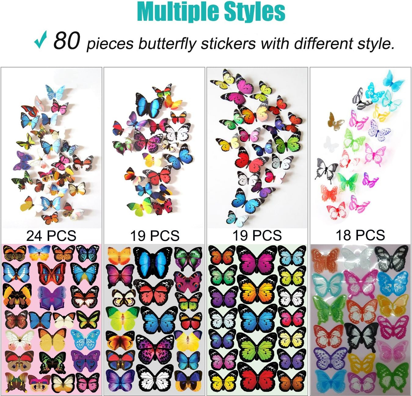 80 PCS Butterfly Wall Stickers Waterproof Removable Reusable Home Bedroom Decor