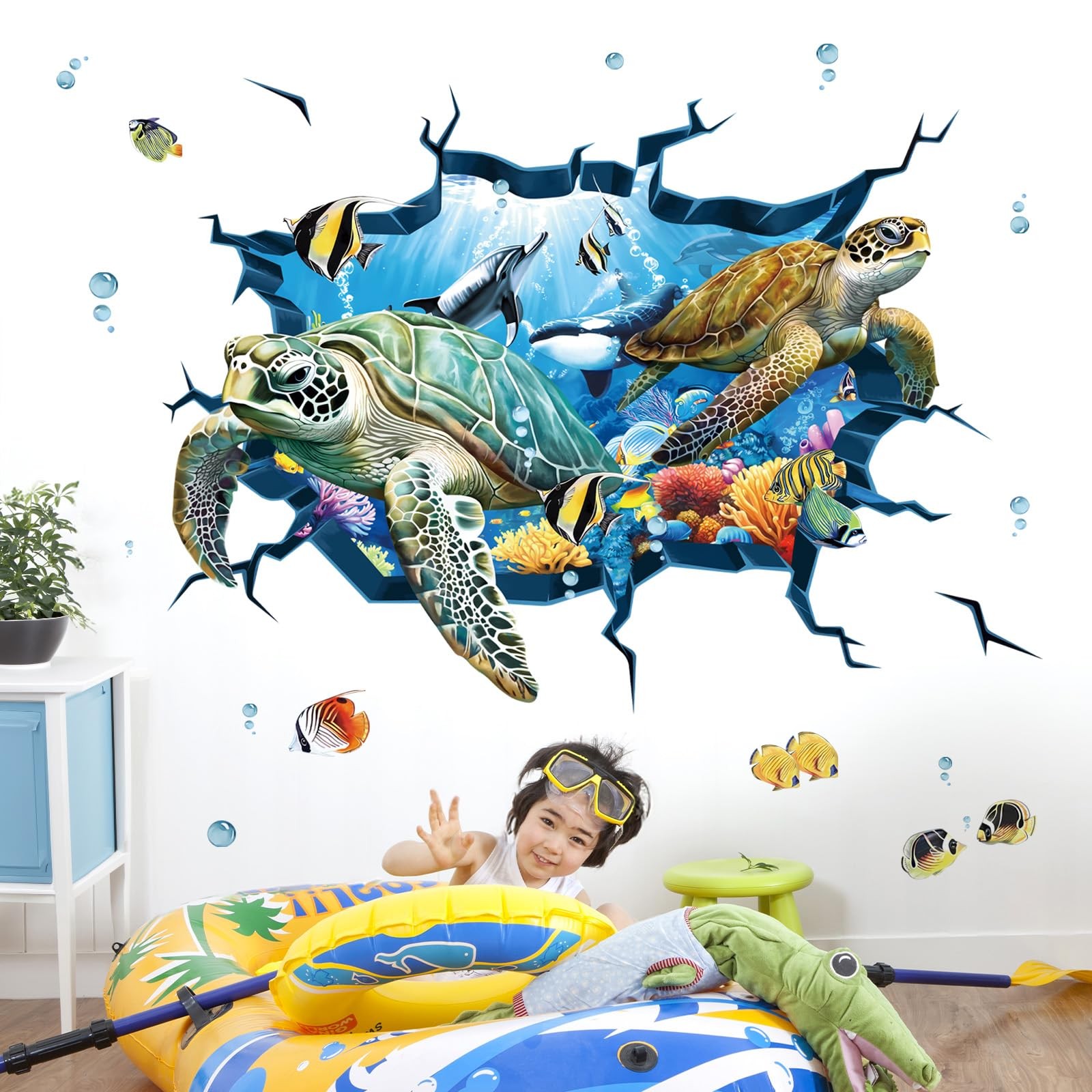 decalmile 3D Under The Sea Turtle Wall Decals Underwater Ocean 3d
