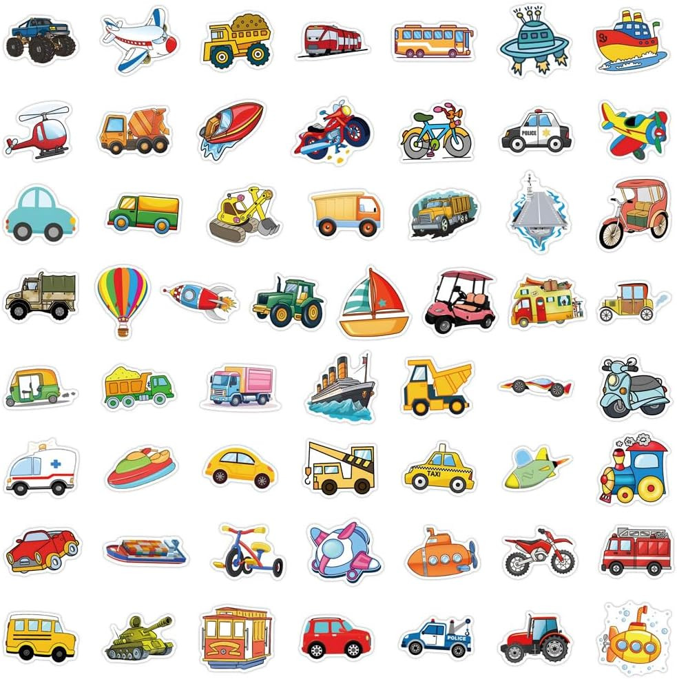 55PCS Cartoon Vehicle Stickers – Cars, Buses, Planes, Ships for Kids & Teens