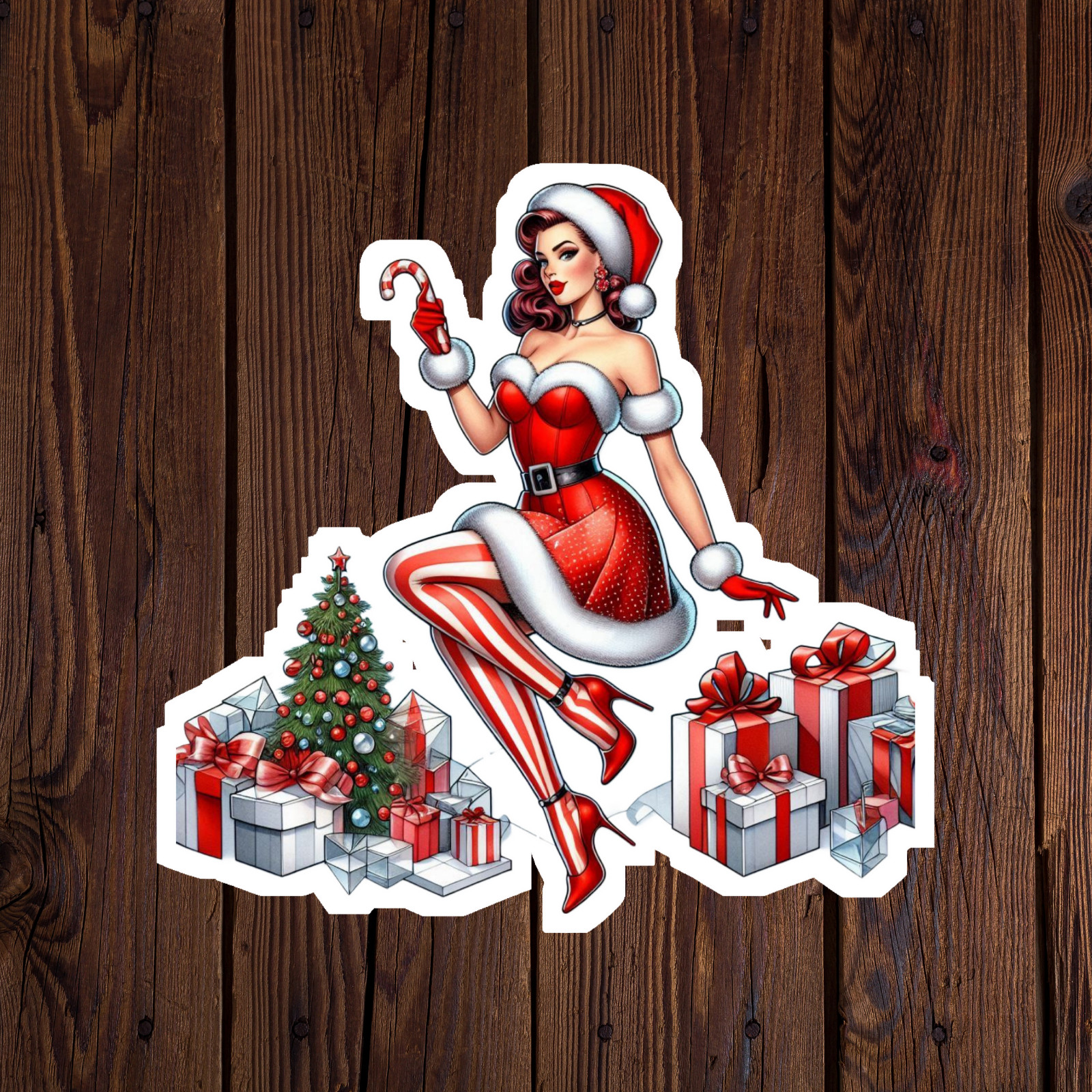 Pinup girl sticker vinyl decal sexy christmas dress high heels red lips