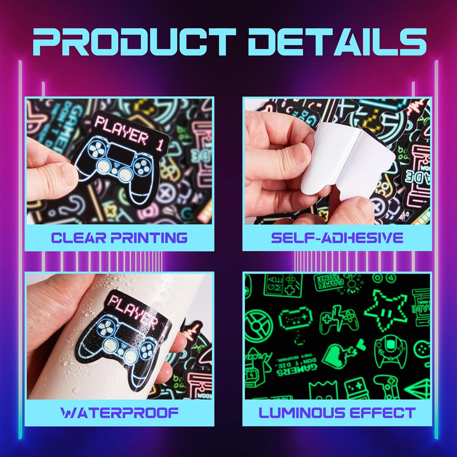 51 Pcs Neon Game Stickers for Kids Glow in the Dark, Gamer Inspirational Sticker