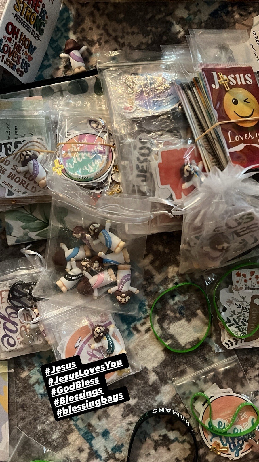 Homemade Blessing bags Jesus Loves You wristbands keychains charms Stickers