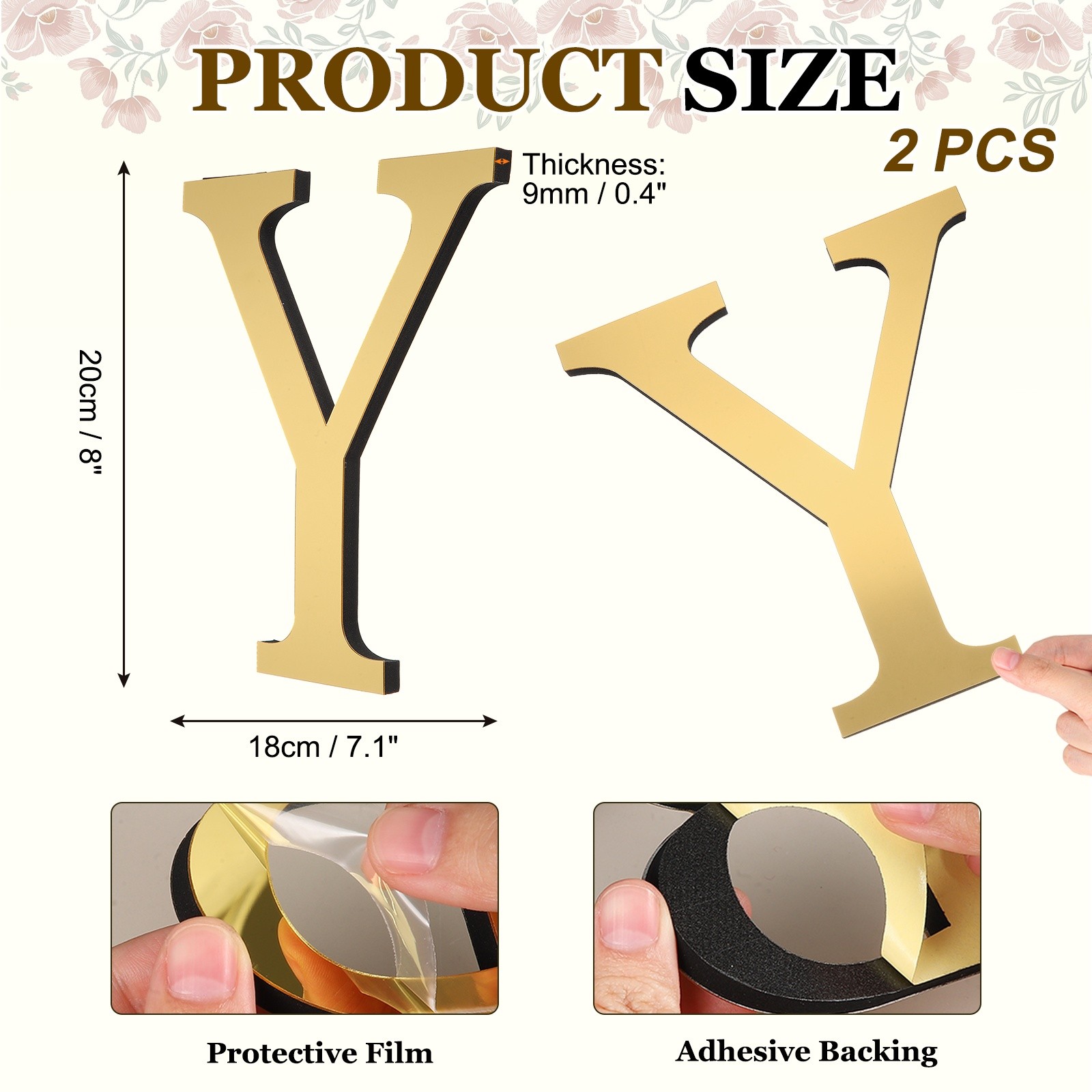 2Pcs Mirror Sticker 3D Letter Y 8 Inch Light Gold for Wall Decor