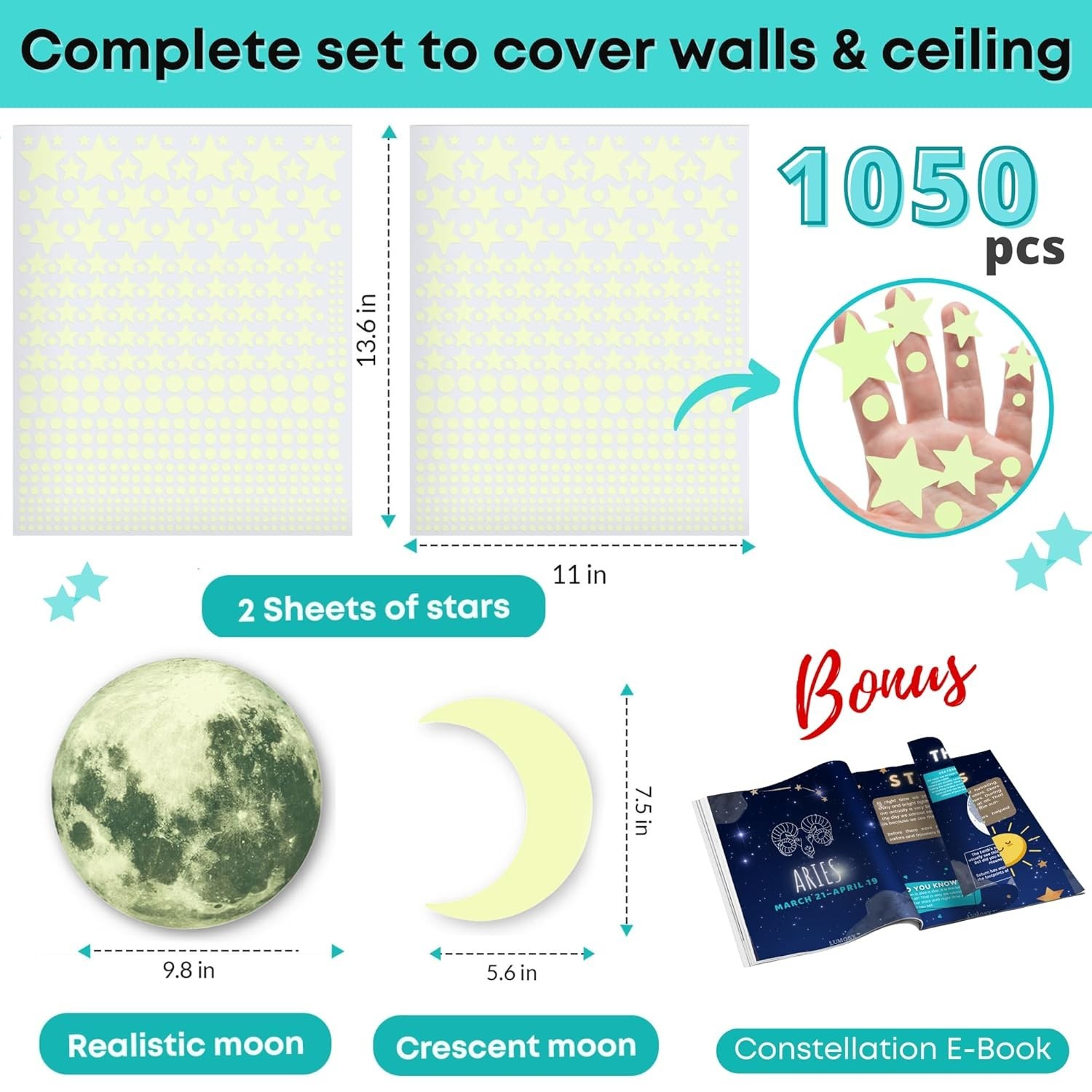 Glow in The Dark Stars Ceiling Pack 1050 pcs Kids Room Decor Blue Space