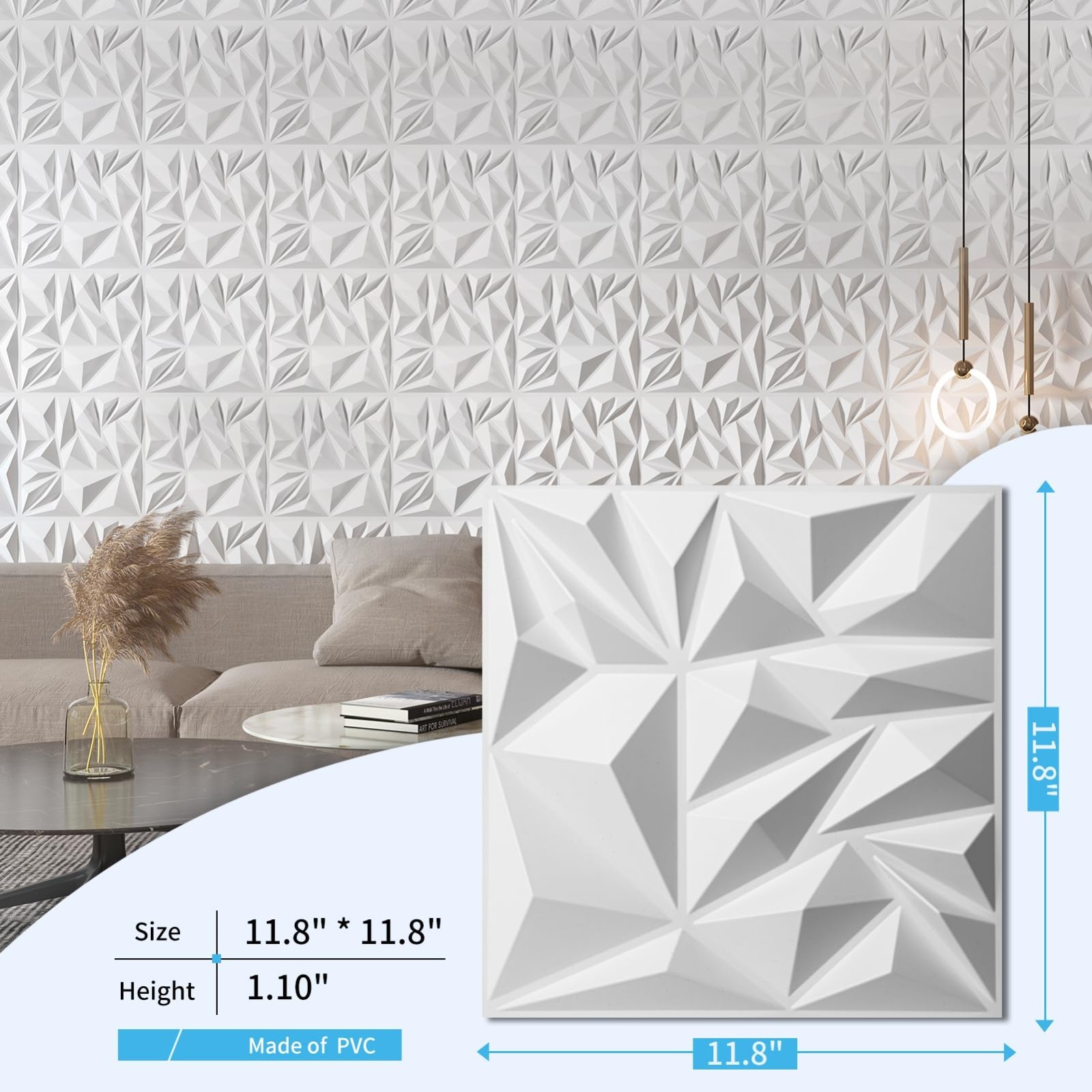 33-Pack 3D Wall Panels for Interior Decor, Modern Diamond Accent Wall, 12×12" Wh