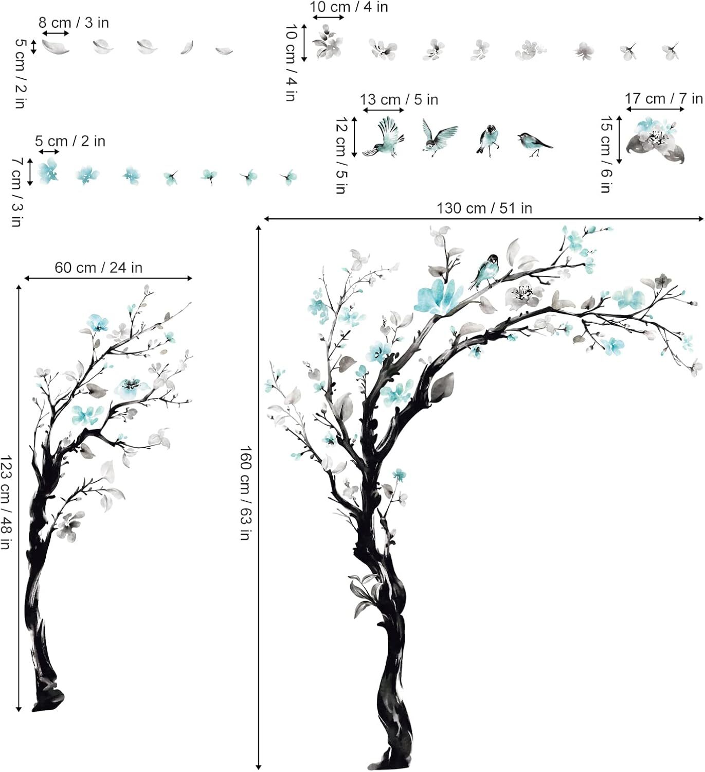 decalmile Large Watercolor Tree Wall Decals Blue Flower Branch Multi Color