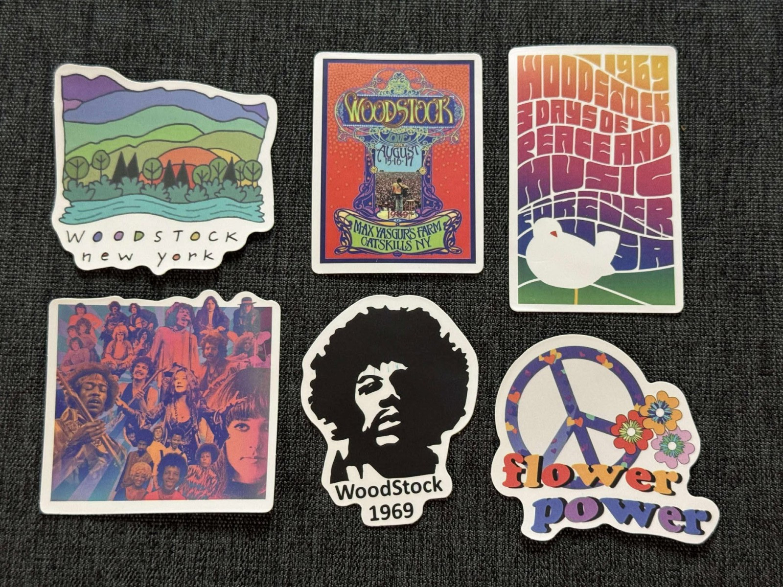 Lot of (6) WOODSTOCK Festival 1 1/2" to 2 7/8" Logo STICKERS Fast! FREE SHIP