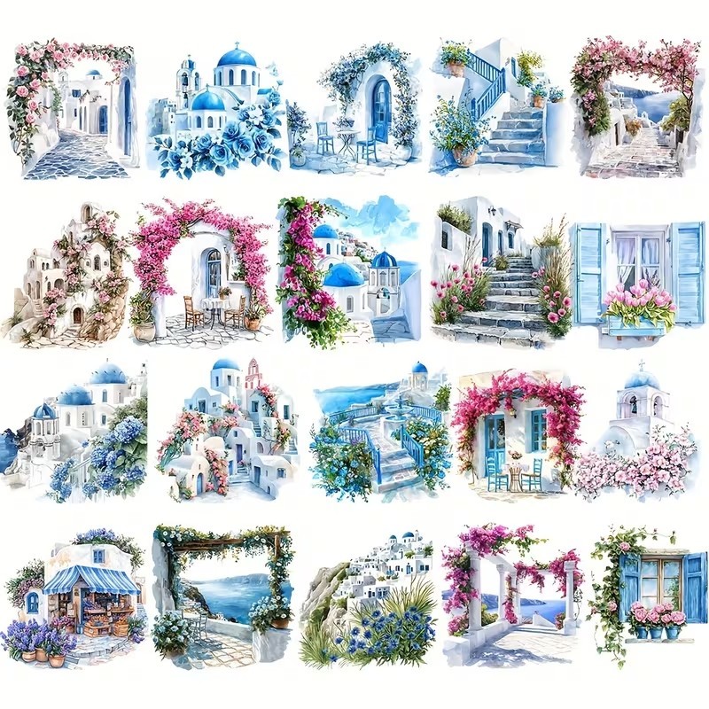 20 Pcs Set Santorini Greece 2D flat Vintage STICKERS for Scrapbook DIY Journel