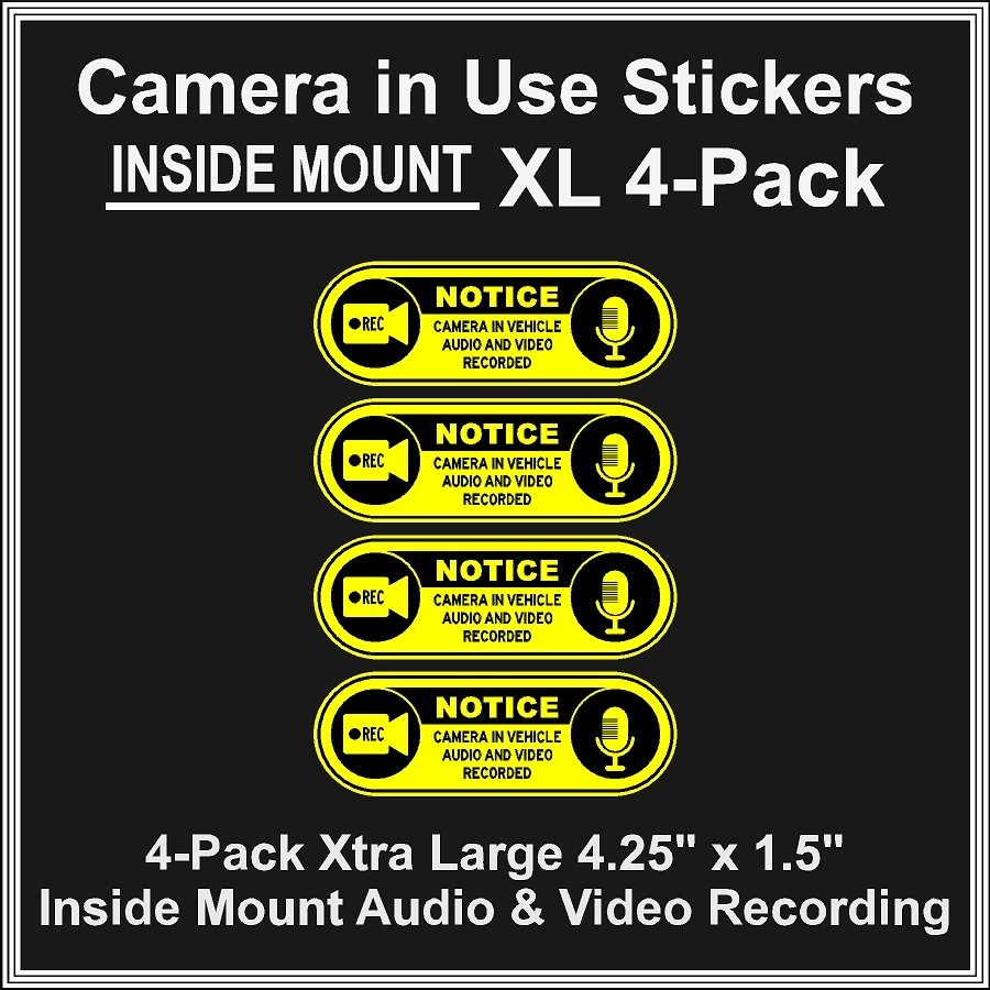 Camera in Car Recording Video XL 4-Pack INSIDE MOUNT Decals Yellow Blac 4.25×1.5