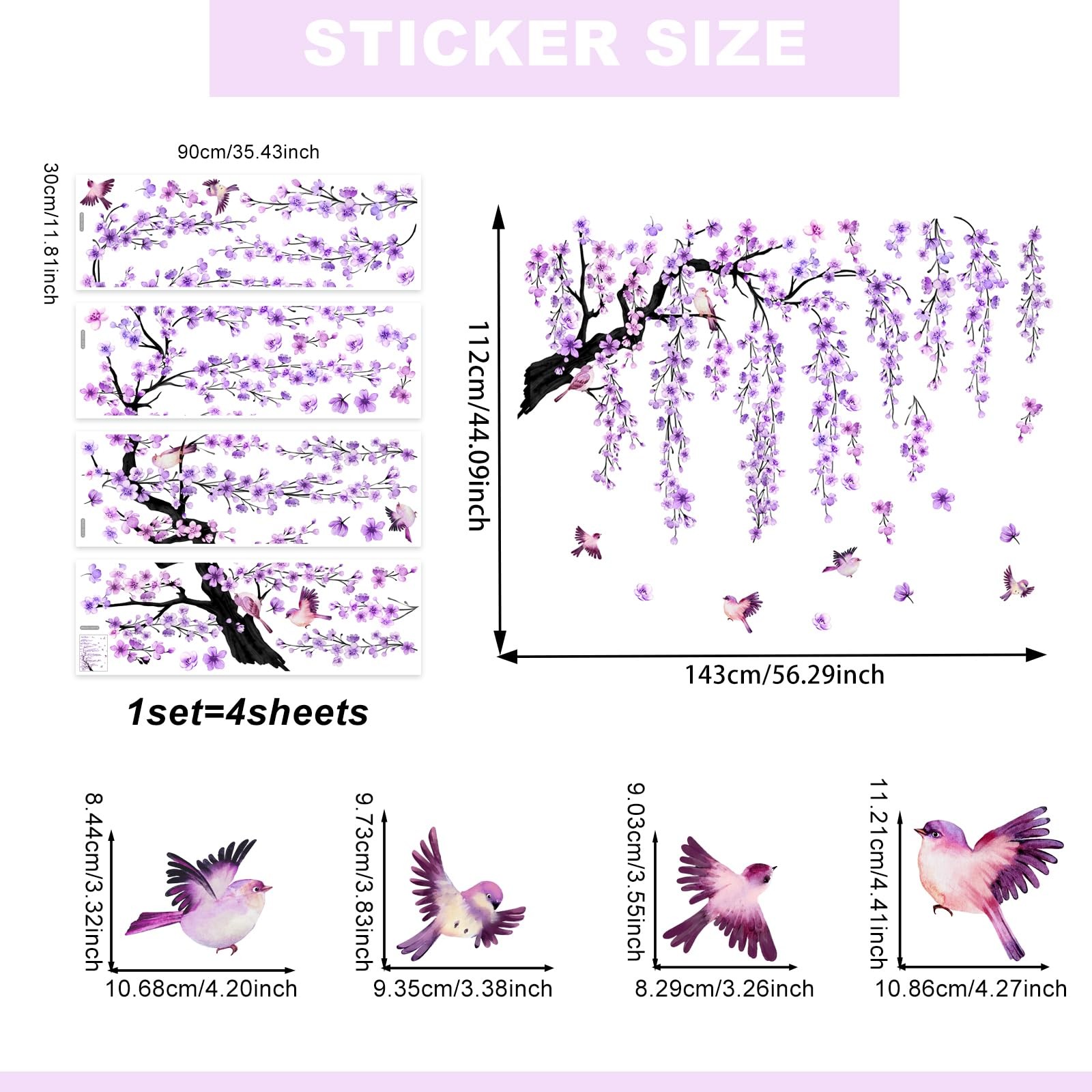 Purple Cherry Blossom Branch Wall Stickers Large Right-Extending Floral Bird …