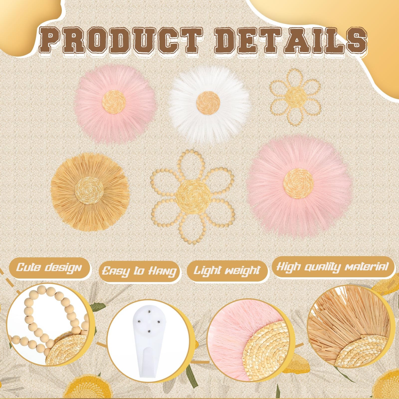 Soaoo 6 Pcs Boho Nursery Decor for Girl Daisy Flower Woven Macrame Wall Hangi…