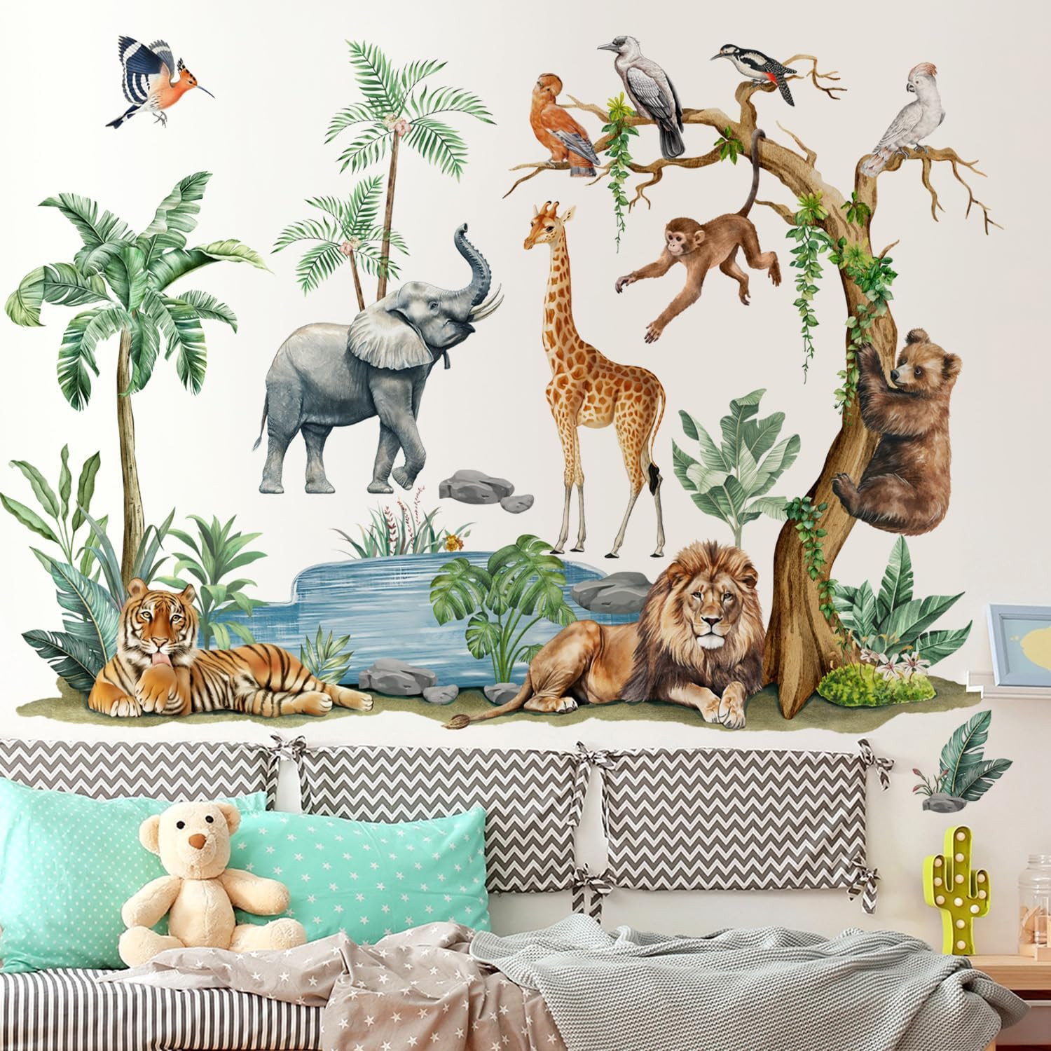 Watercolor Safari Animal Wall Decals – Jungle Tiger Lion Elephant Giraffe Monkey