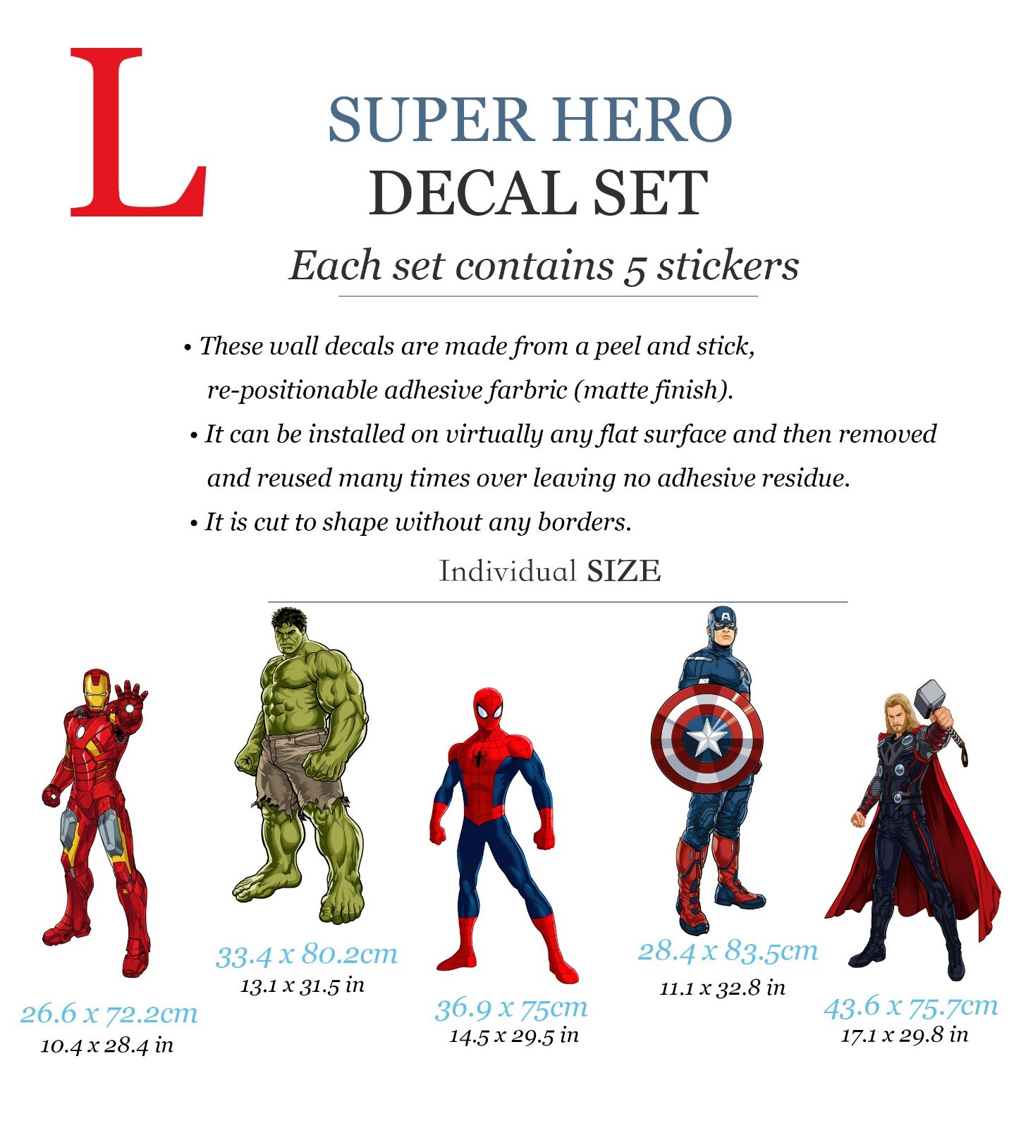 Superhero Avengers Spiderman Captain America Hulk Nursery Wall Decal Sticker