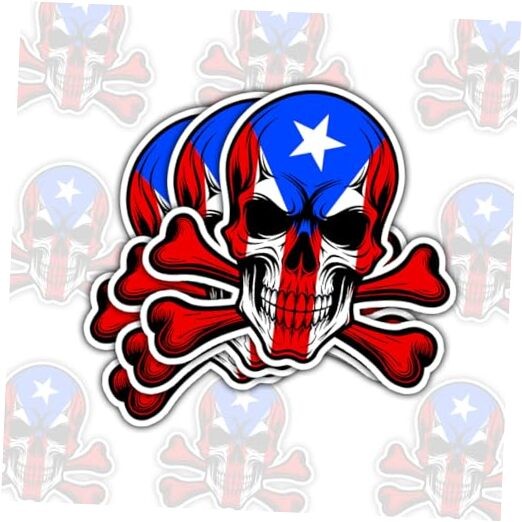 (3Pcs-5in) Flag Skull Decal – Patriotic Flag Design, Puerto Rican Puerto Rico