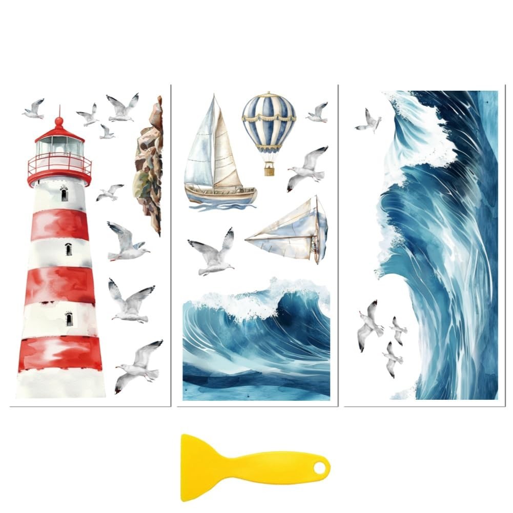 6"x12" Waterproof Waves & Lighthouse Transfer Decal Stickers for Furniture Craft
