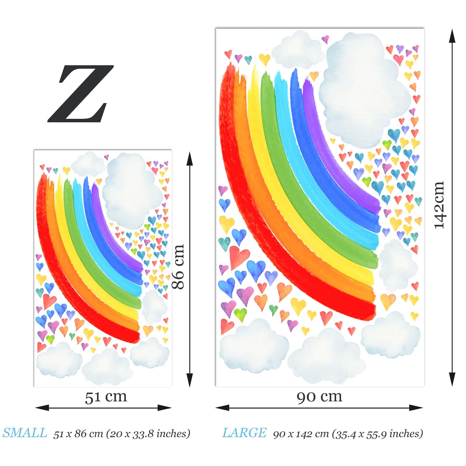 Watercolor Rainbow Colorful Hearts Removable Wall Fabric Decal Set Sticker