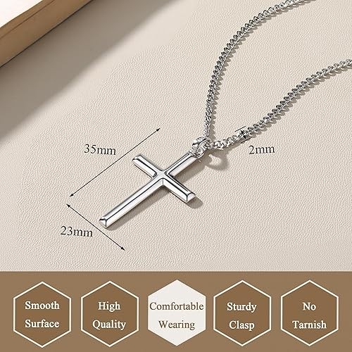 Solid 925 Sterling Silver Cross Necklace for Men Women, 2mm Durable Diamond-Cut