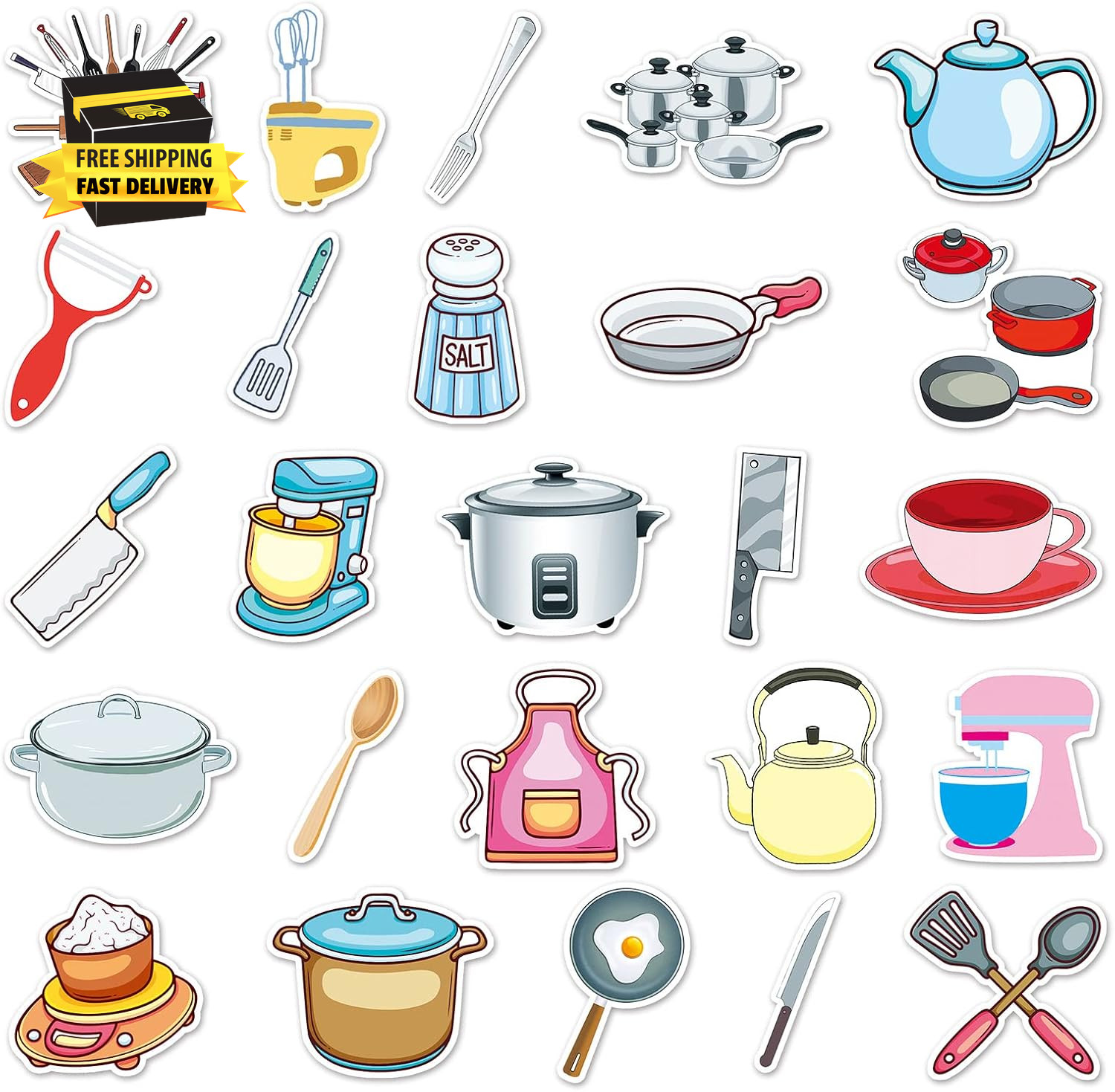 50Pcs Daily Kitchen Utensil Stickers for Water Bottle,Waterproof Viny Stickers f