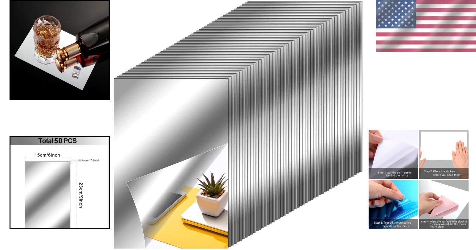 Reflective Mirror Stickers – 50 Pieces, 6×9 Inches