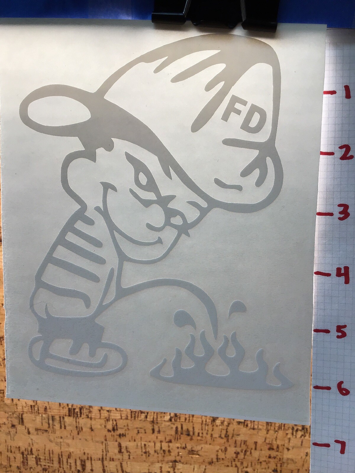 Fire Department Calvin Peeing – White – Vinyl Transfer Decal – Y7-1.13