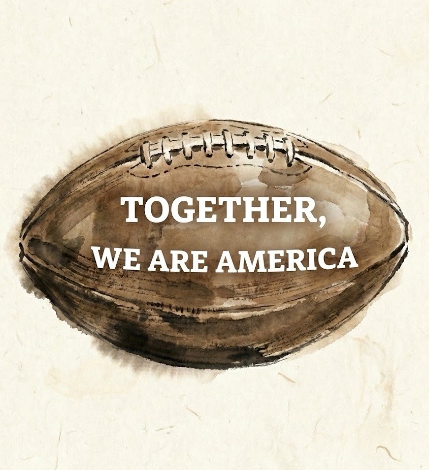 Together We Are America, Watercolor Football Bad Bunny Super Bowl Sticker 2.5”