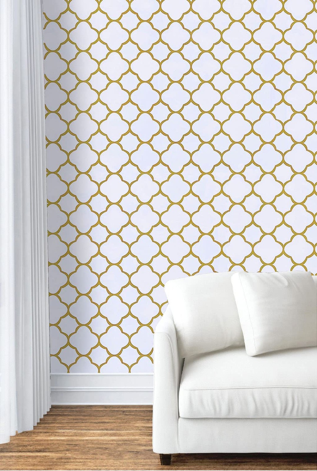 Safiyya 118"x17.7" Gold Peel and Stick Wallpaper White and Gold Pattern Conta…