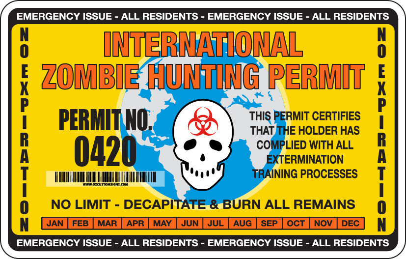 International ZOMBIE HUNTING Permit – Yellow – Full Color Decal/Sticker