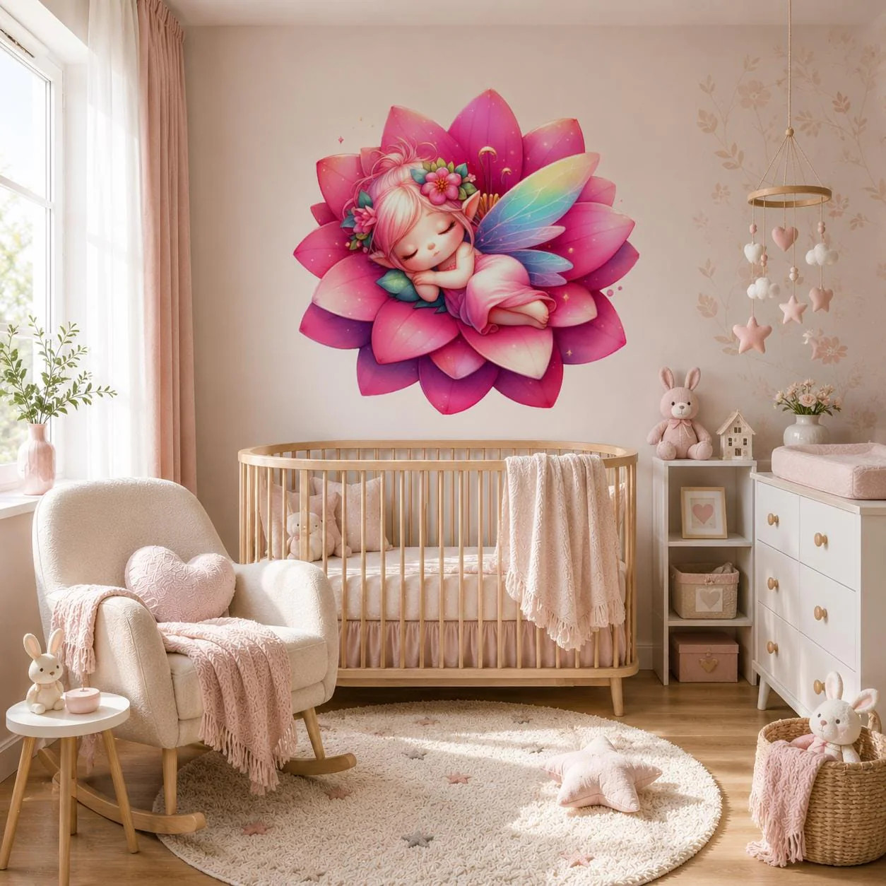 Sleeping Fairy Wall Vinyl Decal | Cute Pink Lotus Flower Fairy Sticker
